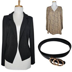 Shein Curve 3 Piece Bundle Black Blazer + Leopard Long Slv V-Neck Top + Belt 0X